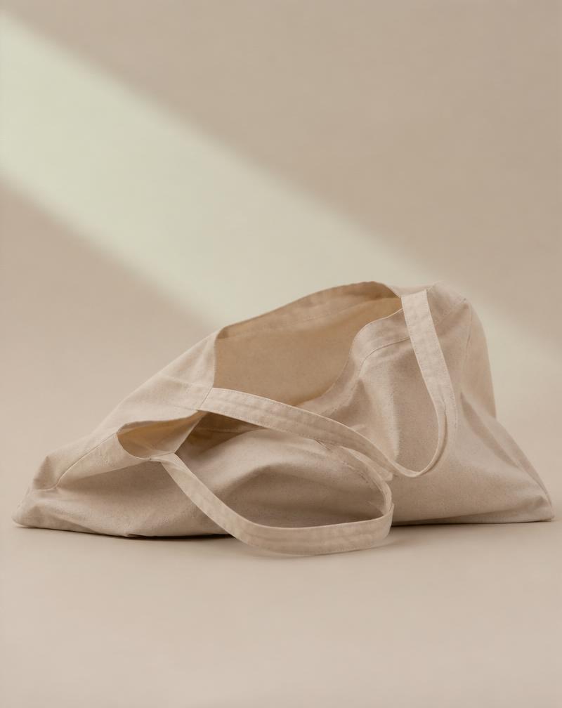 A slouchy empty tote bag collapsing on a cream background