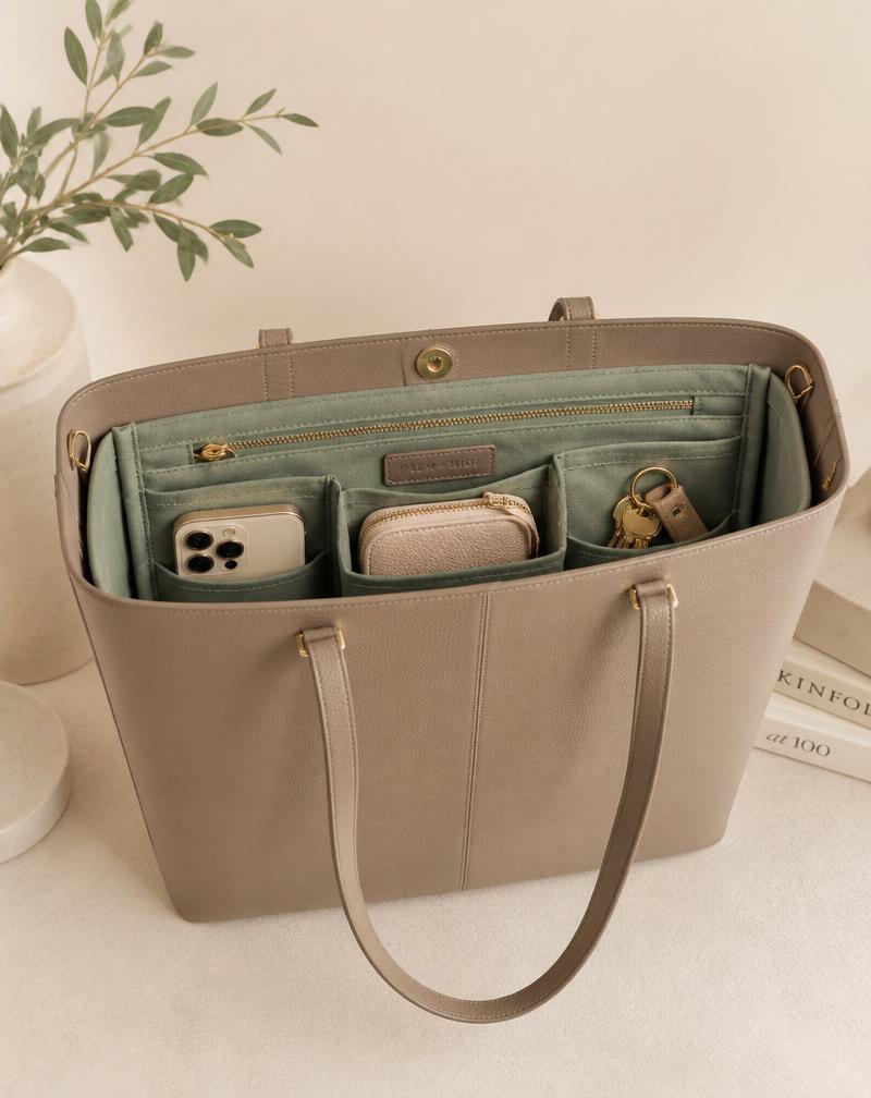 A structured tote bag with a sage organizer insert keeping items in place